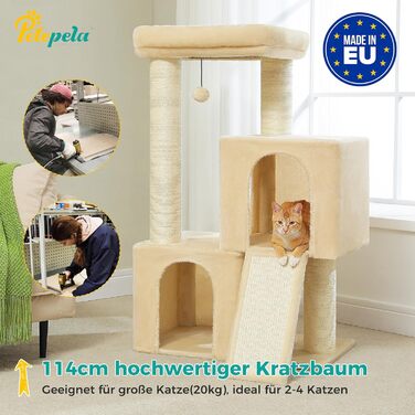 PETEPELA Scratching Post with Dual Condos for Apartment Cats, All-in-One Cat House with Padded Perch, Scratch Ramp and Posts, and Interchangeable Balls (Beige, L 113cm)