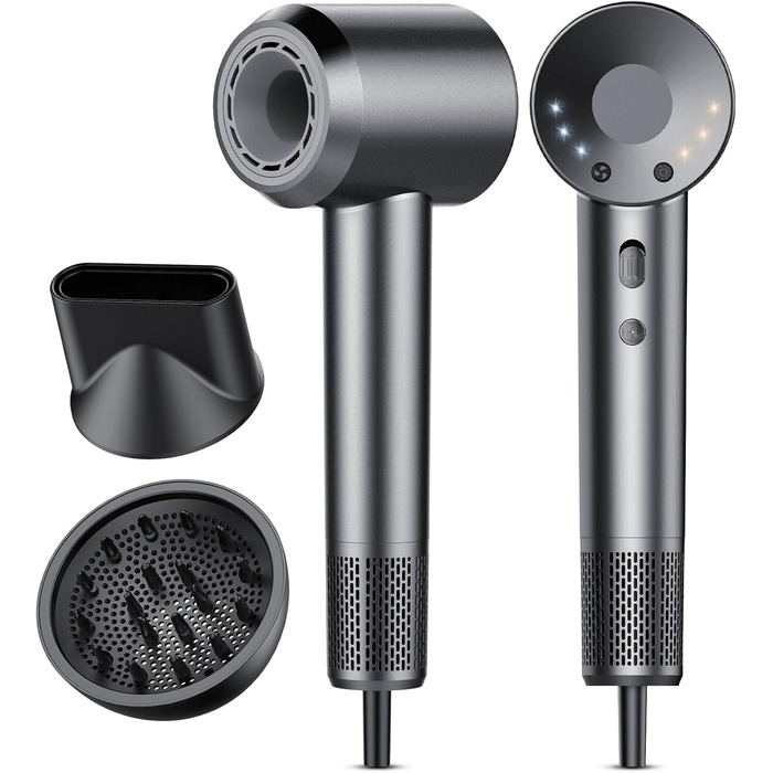 Фен Haartrockner з іонізацією 160 000 об/хв, 200 млн негативних іонів, термоконтроль, з насадкою-дифузором, сірий