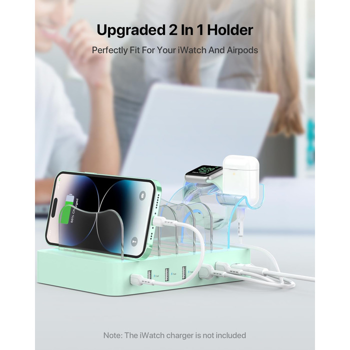 Зарядна станція SooPii USB 60W/12A, 6 портів, органайзер для декількох пристроїв з тримачем для Apple Watch, 6 кабелів для телефонів, планшетів та інших електронних пристроїв. Зелена