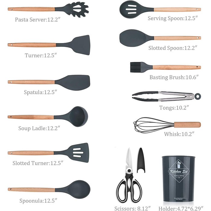 Набір кухонних аксесуарів KagoLing: 13 предметів з силікону з дерев'яними ручками (сірий)