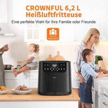 Електрична аерофритюрниця CROWNFUL 6,2 л XXL, 8-в-1, без олії, з LCD-екраном, антипригарний кошик, точне регулювання температури