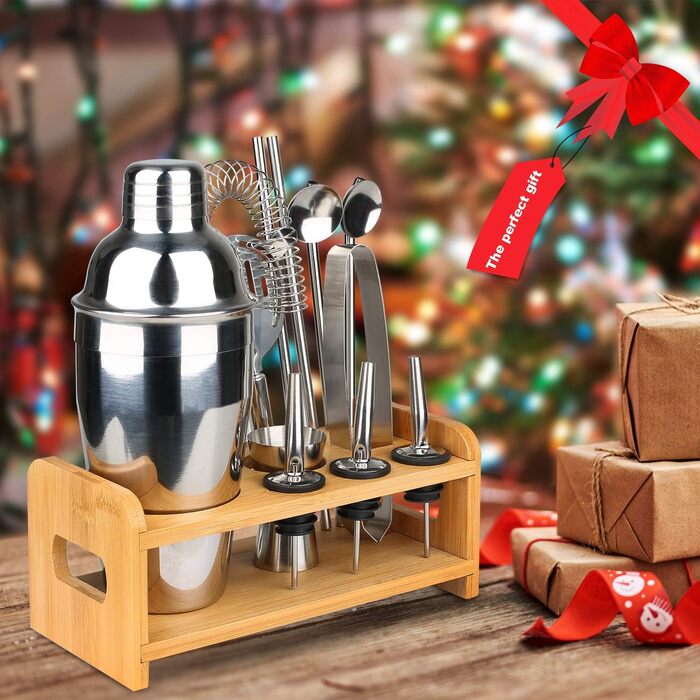 Набір для коктейлів Tuevob 13 предметів з нержавіючої сталі з підставкою - 550 мл. Барменський набір, інструменти для приготування коктейлів, Boston Cocktail Set. Ідеальний подарунок для дому та кухні.