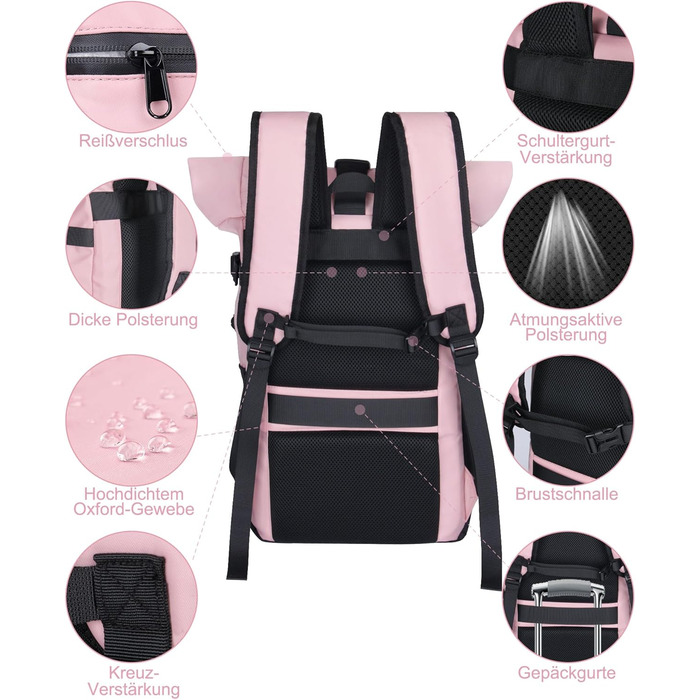Roll-top Backpack Waterproof, 27L Large Backpack Men Women, School Backpack with 17.3 Inch Laptop Compartment, Travel Backpack Hiking Backpack for Business Work College Travel Leisure (Pink)