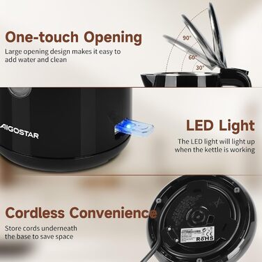 Електричний чайник Aigostar з нержавіючої сталі, чорний, 1.7 л, 2200 Вт - Швидкий кип'ятіння, подвійні стінки, без пластику, індикатор рівня води, автовимкнення, BPA-free, для кухні та офісу