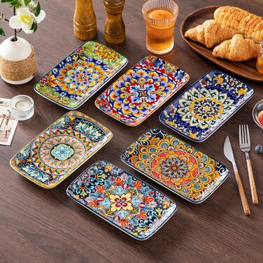 Vancasso Serving Plates, Porcelain, SIMI Rectangular Plate Set, 6-Piece Bohemian Dinner Plate Set, Plate Set for 6 People, 22 x 13 x H 2.3cm