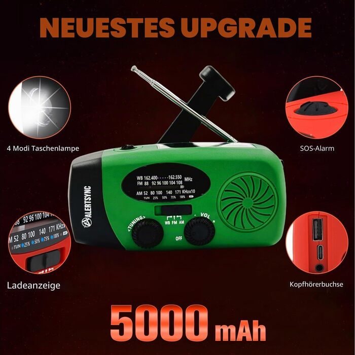 Сонячна радіостанція iRonsnow з ручним заводом, LED-ліхтарем, USB-зарядкою 2000mAh (зелена) - для походу, кемпінгу, надзвичайних ситуацій