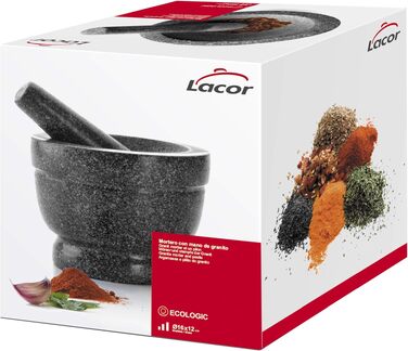 Гранітна ступка з товкачем LACOR 60516 для кухні, стійка до зносу, чорна, 16 x 12 см