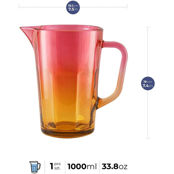 Water Carafe Glass 1 Liter with Comfortable Handle Colorful Water Pitcher 19 cm Glass Jug Orange Pink Glass Pitcher Water Carafe Glass Carafe Pitcher Glass Jug 1l | Gigi Magical Sunrise