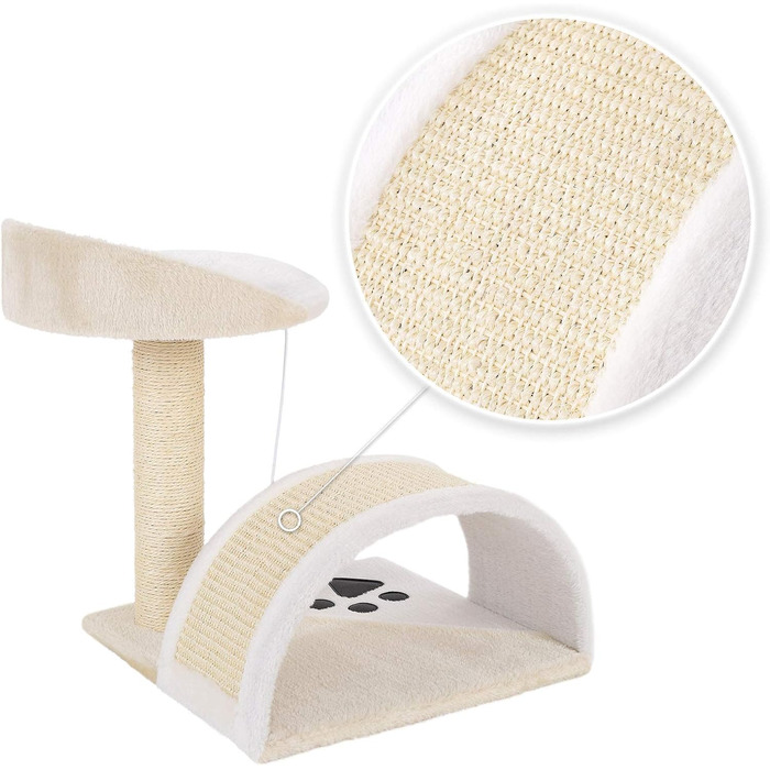 Kratzbaum, small with plush ball & scratching arch, height 43 cm, cozy lying area made of soft plush, stable with sisal rope for claw care, suitable for small & large cats, beige/white