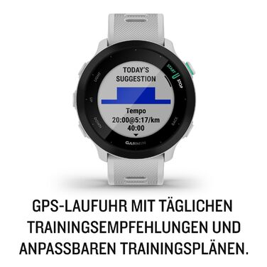 Garmin Forerunner 55 – GPS-годинник для бігу з кольоровим дисплеєм, що завжди активний, щоденними рекомендаціями щодо тренувань, прогнозом часу пробіжки, спортивними програмами та до 14 днів роботи від акумулятора. (Білий, одиничний)