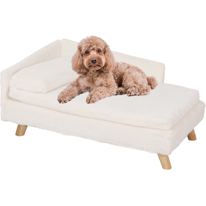 Софа для собак BingoPaw Luxus з підголівником, плюшеві подушки та дерев'яні ніжки. Зручне ліжко для собак середніх та маленьких порід, крісло для котів великих порід, 80x50x39 см, бежевий колір