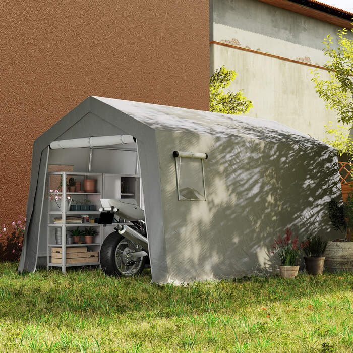 Outsunny Shed with Gabled Roof, Waterproof Tool Tent with Doors, Windows, Anti-Dust Bicycle Cover, Folio Shed, Bicycle Garage for Terrace Garden, 300 x 447 x 255 cm, Light Grey | Aosom