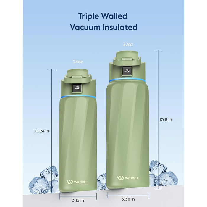 Розумна пляшка для води WATERH Boost з нагадуванням та трекером, 946 мл, нержавіюча сталь, зелена