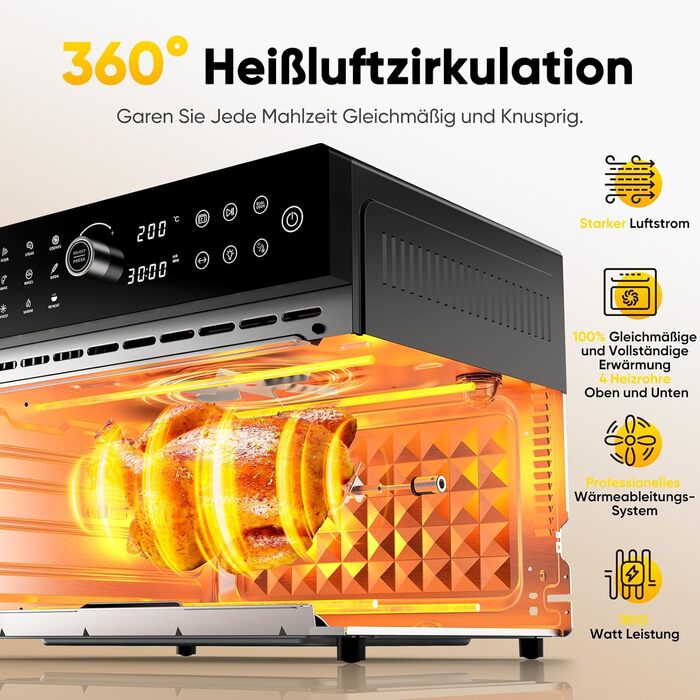30-літрова аерофритюрниця XXL з LED-екраном, мініпіч з конвекцією, 20 програм, 2 режими приготування, 1800 Вт, без олії, таймер 8 годин, рецепт, 7 насадок, XXX-Large
