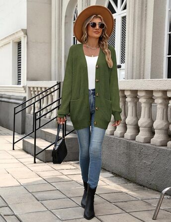 Жіночий в'язаний кардиган Zeagoo з довгим рукавом, вільний крій, V-подібний виріз, грубий в'язання, на кнопках, для осені/зими (зелений, S)