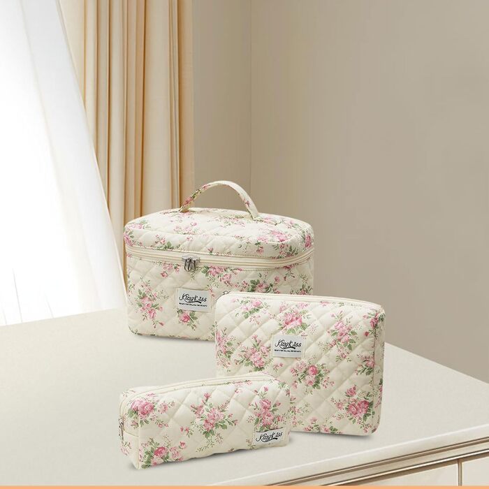 Косметичка для жінок, набір 3 шт. велика бавовняна косметичка для подорожей, органайзер для макіяжу, косметична сумочка з квітковим візерунком (рожева маленька квітка)