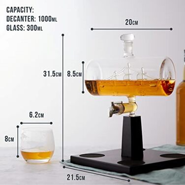 Oak & Steel - Whisky Decanter, Ship Carafe (1000ml) with Stainless Steel Spout & 4 Whisky Glasses - Valentine's Day, Birthday & Father's Day Gift Set for Men