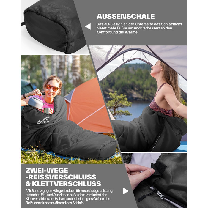 Сплячий мішок Sportneer - компактний та ультралегкий (950г/1500г) - спальний мішок типу 'кокон' для кемпінгу та відпочинку на природі. Підходить для чоловіків, жінок та дорослих (Чорний, літній). 3-4 сезони