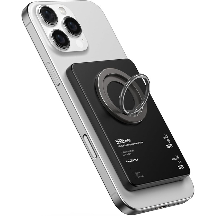Power Bank KU XIU Magsafe 5000mAh: Тонкий, з підтримкою MagSafe, PD 20W, з кільцем-тримачем, чорний