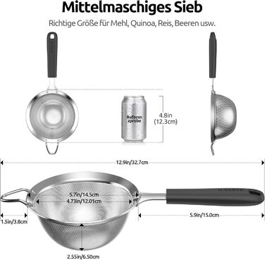 U-Taste Fine Mesh Sieve: Kitchen sieve made of 18/8 stainless steel, medium-sized metal sieve with a riveted, stable silicone handle for sifting flour, draining tea, rice, quinoa (Black, 12 cm)
