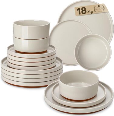 MALACASA Набір посуду з каменю 18 предметів для 6 осіб, керамічний сервіз з глазур'ю Сезам, набір тарілок та мисок, білий з коричневою основою, білий