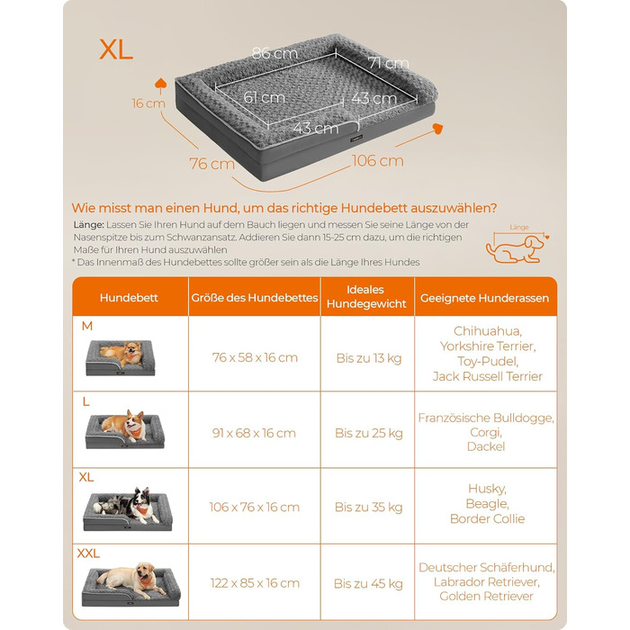 Ортопедичне ліжко для собак Feandrea, великий розмір, водовідштовхувальне, знімний плюшевий чохол, 122 x 85 x 16 см, сірий колір