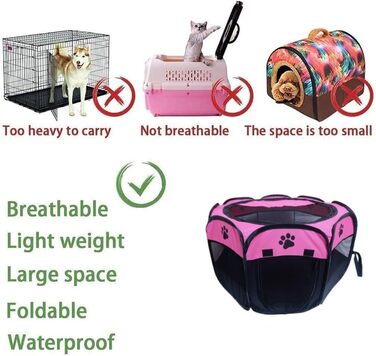 Портативний вольєр для тварин, складаний вольєр для собак та котів, кроликів, тренувальний намет для домашніх тварин, для використання в приміщенні та на вулиці (S (72,9 x 72,9 x 40,6 см), Рожевий)