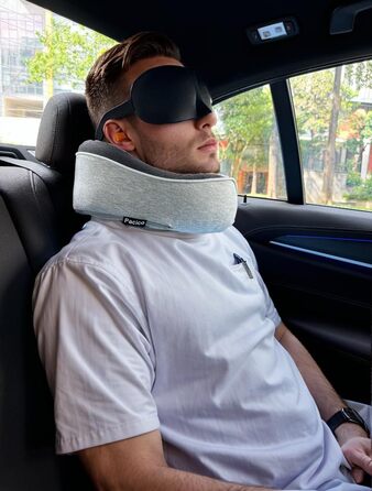 Подушка для шиї, подорожі: Memory Foam, для авто, поїздів, літаків. Комплект з маскою для очей та навушниками (світло-сіра)