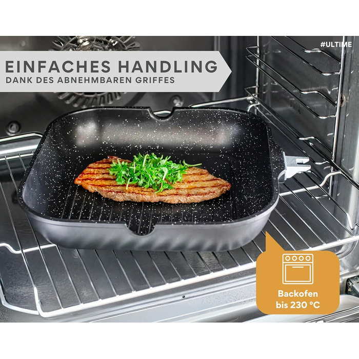 Сковорідка гриль 28 см з рифленою антипригарною поверхнею та знімною ручкою, для всіх типів плит (індукція) – для стейків та овочів гриль, з щипцями, без PFOA/PFOS, чорна