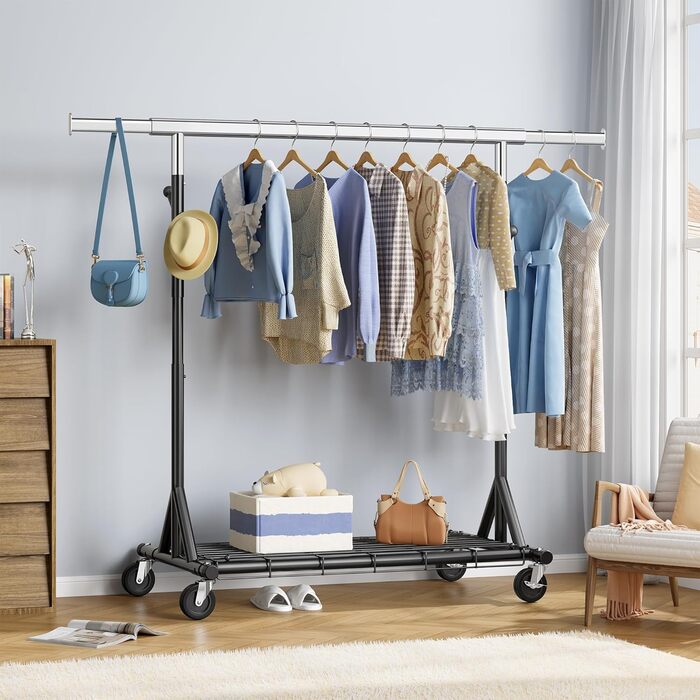 Легкий мобільний вішак для одягу на колесах FAVOOOSTY, металевий, до 200 кг, чорний, 1 стяжка