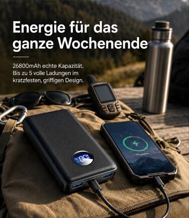 Power Bank 26800mAh 22.5W з 3 портами (USB-C PD 3.0, QC 3.0, USB-A) – Зовнішній акумулятор для iPhone, Samsung, iPad, компактний, авіаперевезення
