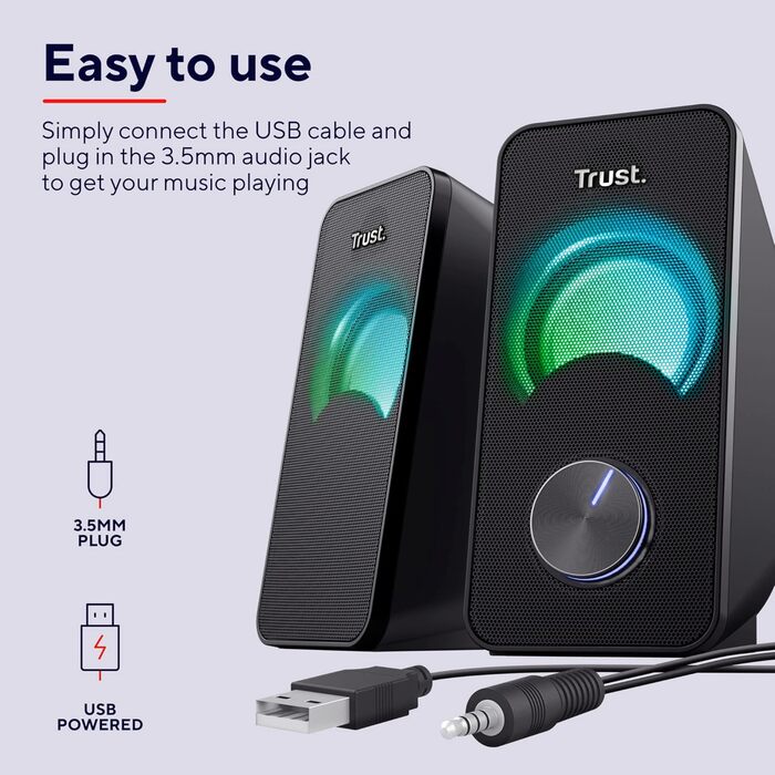 Комп'ютерна акустика Trust Arys 2.0: 28 Вт, USB, AUX, RGB, для ПК, ноутбука, смартфона
