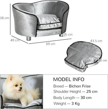 Диванчик для собак PawHut, лежанка для котів, крісло для тварин з дерев'яним каркасом, знімний коврик, 69 x 49 x 38 см