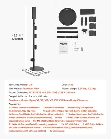 Підставка для пилососа VEVOR 126 см, сумісна з Dyson G5 V15 V12 V11 V10 V8 V7 V6, з аксесуарами, 6 гачків, антиковзаючі ніжки, срібна