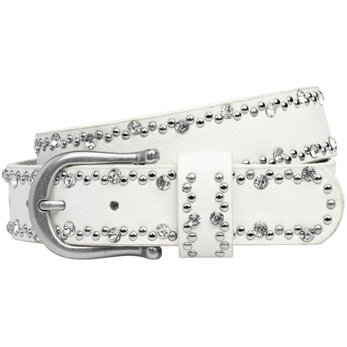 Жіночий ремінь Caspar GU292 з декоративними стразами та заклепками, білий (105 см, обхват талії 107-111 см)
