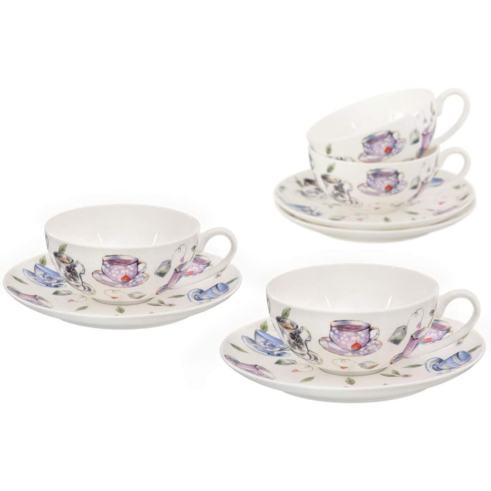Tea cup set made of fine bone china porcelain. 6 teacups, each 150ml, and 6 saucers with a stylish cup design.