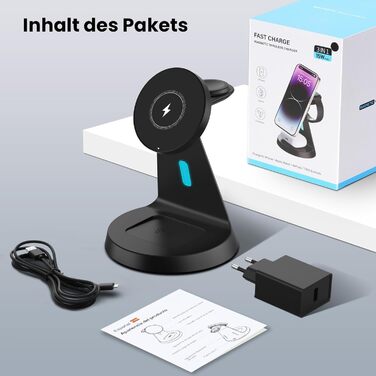 Зарядна станція JoyGeek 3-в-1 для Apple Watch, iPhone (MagSafe) та AirPods. Бездротовий зарядний пристрій для швидкої зарядки iPhone 12-15, iWatch Series 2-Ultra/SE, Airpods 2-4. Чорний.