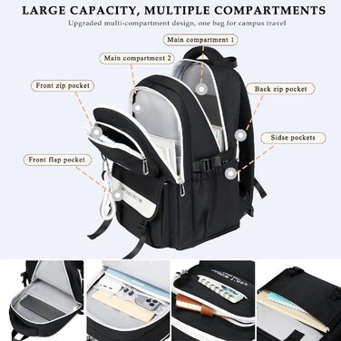 Шкільний рюкзак для підлітків дівчаток та хлопців, рюкзак у школу з багатьма кишенями, водонепроникний шкільний ранець великого розміру з відділенням для ноутбука 15,6' чорного кольору