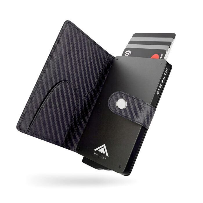 Гаманець чоловічий RFID захист Stealth Wallet - мінімалістичний алюмінієвий картхолдер з чорної шкіри (срібний, класичний)