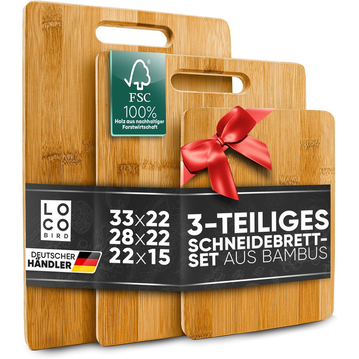 Loco Bird Cutting Board Set of 3 - 33x22cm / 28x22cm / 15x22cm - Wooden Cutting Board for the Kitchen - Knife-Friendly Wooden Cutting Board, Chopping Board, Kitchen Board, Kitchen Cutting Board Wood, Cutting Board