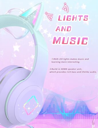 Бездротові навушники Bluetooth для дітей з LED-підсвіткою, котячими вушками та мікрофоном, HD Stereo, складна конструкція, регульоване наголов'я, для дівчаток, фіолетовий колір