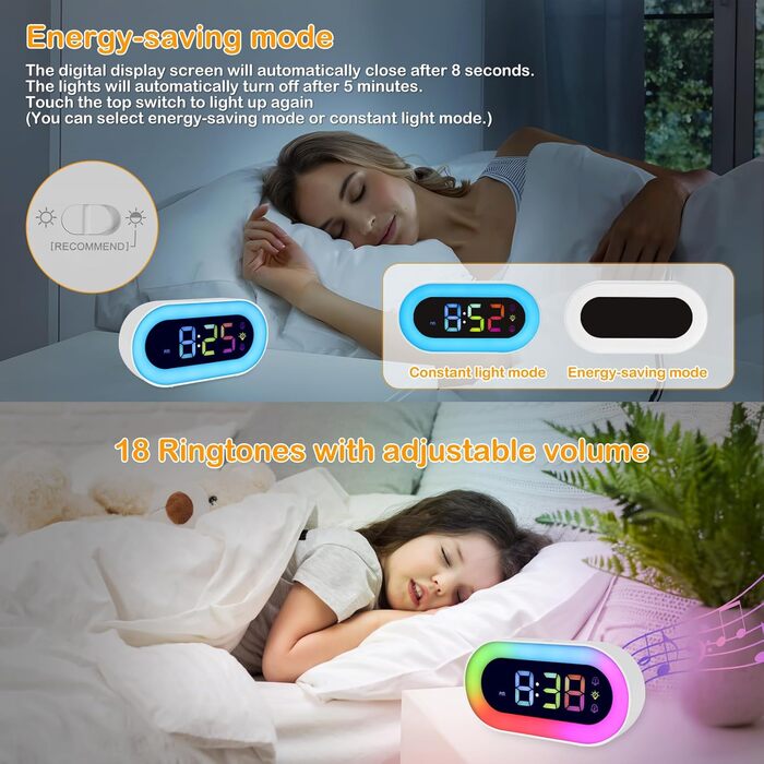 Digital Alarm Clock for Kids, Alarm Clock with Night Light for Girls Boys Teenagers Dual Alarms 18 Ring Tones Snooze Modes 12/24 Hour Format 5 Volume Adjustments