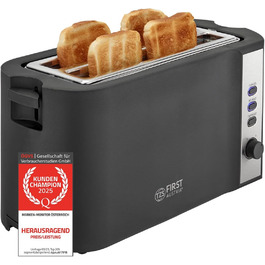 Тостер TZS First Austria 4-х секційний з довгим прорізом | 6 ступенів підсмажування, функція розморожування та підігріву | Підігрівач булочок, піддон для крихт | Чорний/Нержавіюча сталь