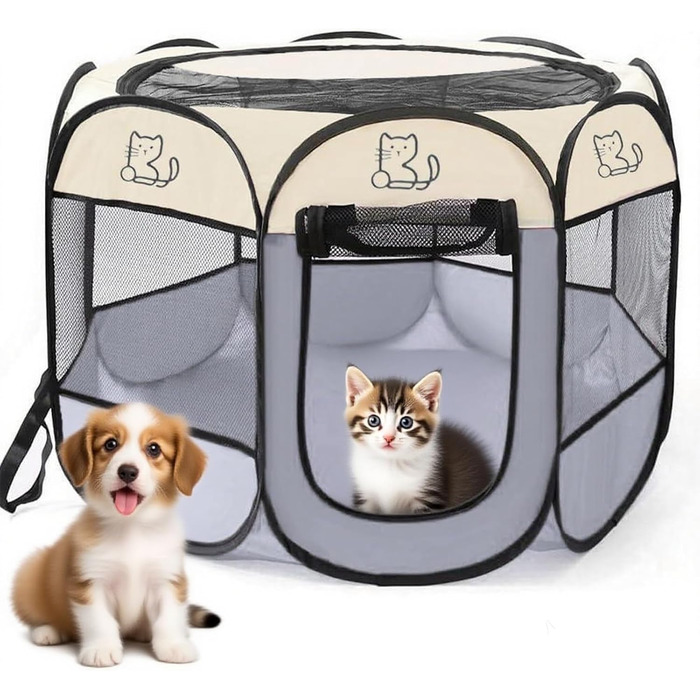 Клітка-вигул для цуценят 74x74x43 см – складана клітка для собак та котів, кроликів та інших дрібних тварин – безпечний вольєр для дому та вулиці (сірий + котячий)