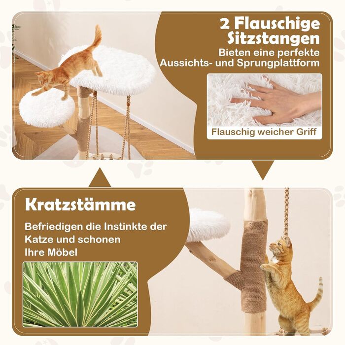 Дерев'яний кігтеточки COSTWAY для котів з гамаком, мотузкою, натуральними гілками та стійкою з джуту, 2 стійки та платформа, кігтеточки для котів, кліматична вежа, натуральний+білий (123 см)