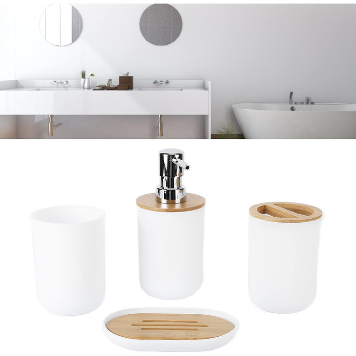 Набір аксесуарів для ванної кімнати на 4 предмети: тримач для зубних щіток, мильниця, дозатор для лосьйону, стакан для ополіскувача, сучасна сантехніка для дому та готелю (білий)