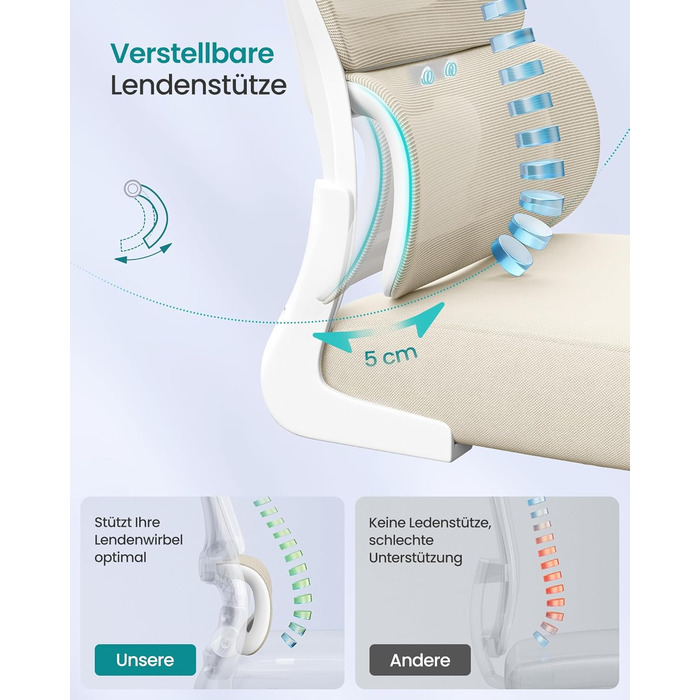 Офісне крісло SONGMICS з підтримкою попереку, сірий бежевий, з регульованою підголівником, для дому та офісу