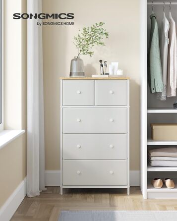 SONGMICS Chest of Drawers, Storage Cabinet, 5 Fabric Drawers, for Entryway, Living Room, White-Oak Finish LTS514W57