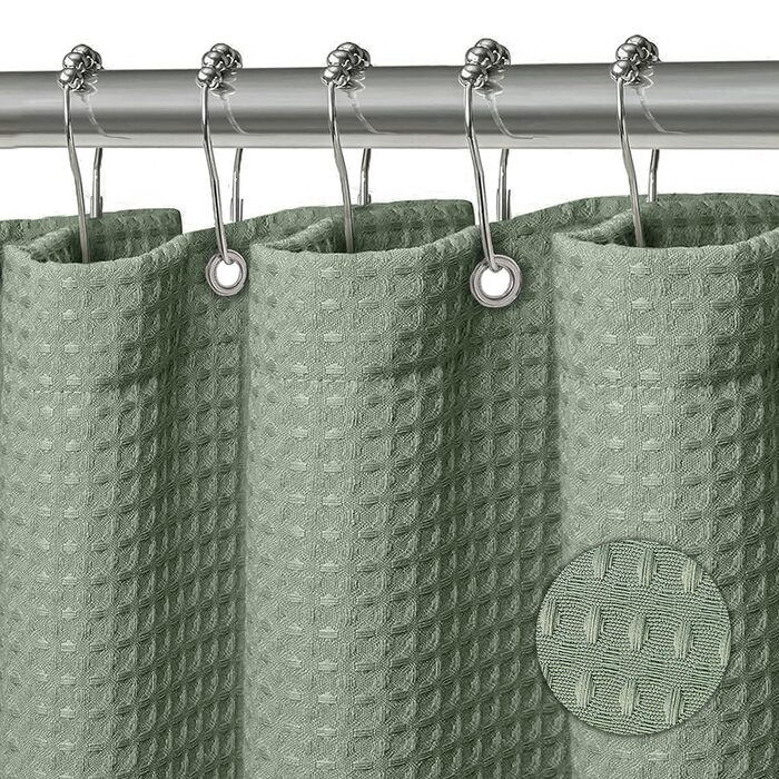 Штора для душу текстильна водонепроникна з поліестеру, 180x200 см, зелена, з кільцями (1 шт)