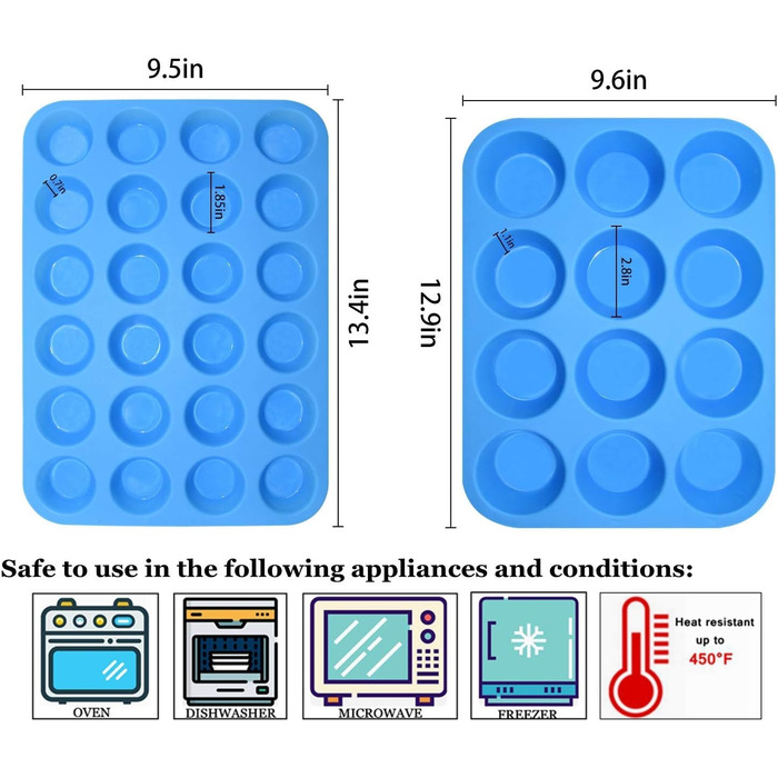 2 Pack Silicone Muffin Baking Mold Set - Regular 12 Cups + 24 Cups Cupcake Mold BPA Free, Non-Stick, Heat-Resistant, Food-Grade Silicone Baking Molds with Bonus 1 Silicone Spatula & 1 Oil Brush blue